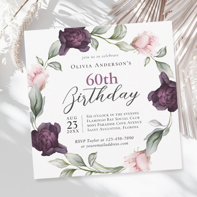 Invitación Elegantes Rosas de acuarela Floral 60 cumpleaños (Available in both printed and instant download digital formats.)
