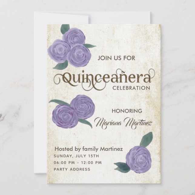 Invitación Elegantes rosas de acuarela púrpura vintage Quince (Anverso)