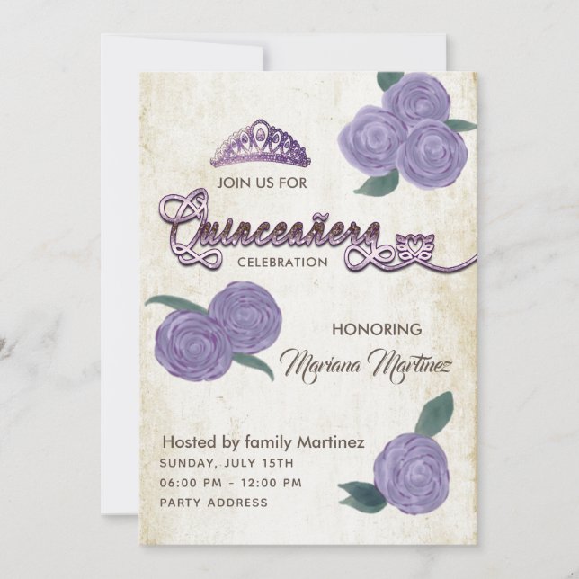 Invitación Elegantes rosas de acuarela púrpura vintage Quince (Anverso)