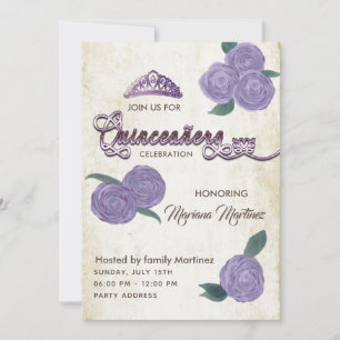 Invitación Elegantes rosas de acuarela púrpura vintage Quince