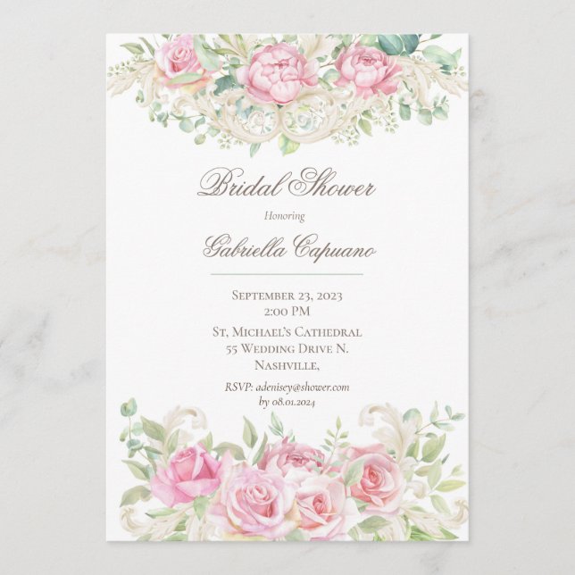 Invitación Elegantes Rosas de acuarela rosa ducha de novia (Anverso)