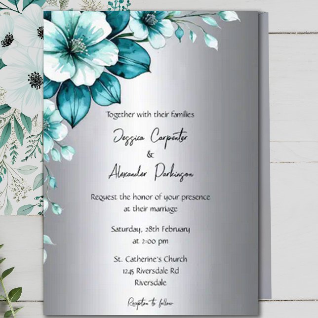 Invitación Elegantes Rosas de Aqua y Boda de guiones plateado (Subido por el creador)