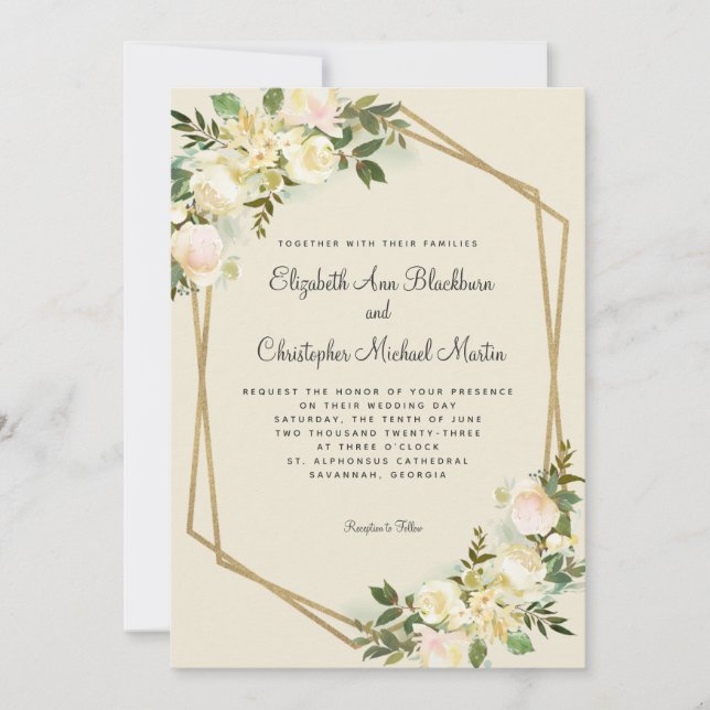 Invitación Elegantes Rosas de Bodas Floral Oro Geométrico (Anverso)