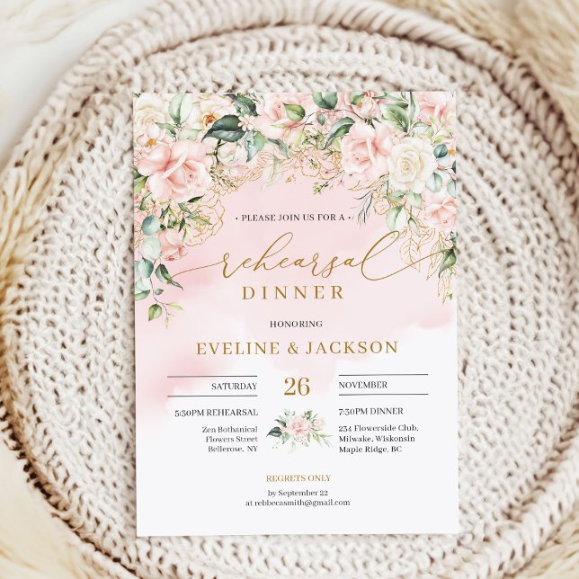 Invitación Elegantes rosas de boho ruidoso ensayo de oro verd (Delicate soft pastel pink roses rehearsal dinner invitation digital )