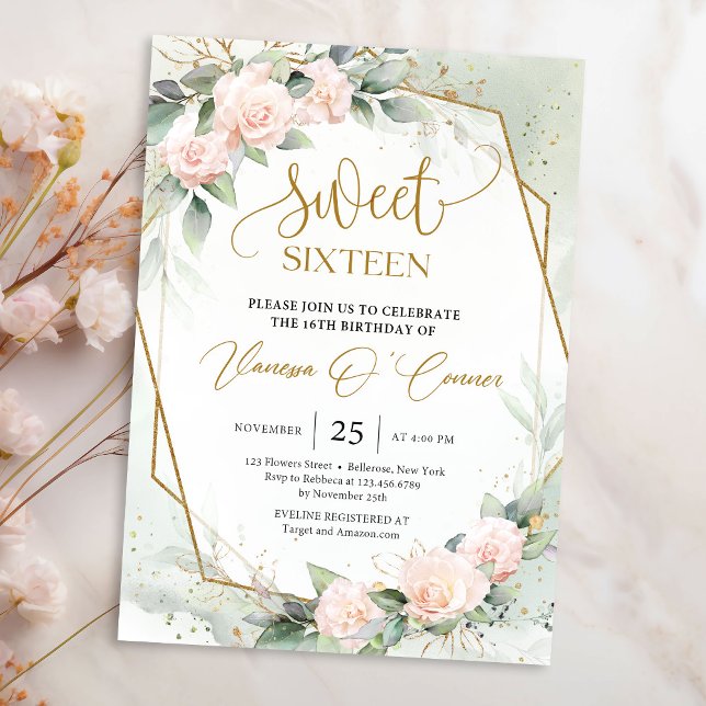 Invitación Elegantes rosas de boho ruidoso y marco dorado euc (Soft pastel pink roses greenery and gold frame sweet sixteen invitation template)