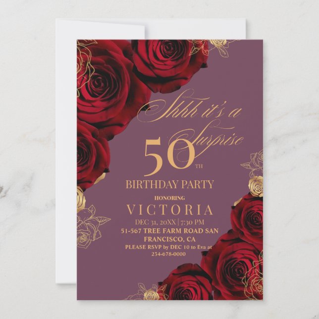 Invitación Elegantes Rosas de Borgoña 50 cumpleaños (Anverso)