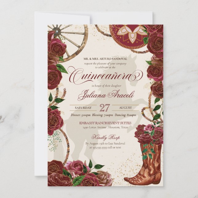 Invitación Elegantes Rosas de Borgoña Charro Boots Quinceaner (Anverso)