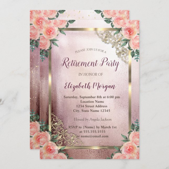 Invitación Elegantes Rosas de Borgoña Jubilación del Marco Or (Anverso / Reverso)