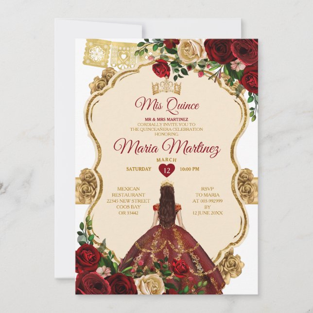 Invitación Elegantes Rosas de Borgoña Princesa Gold Quinceañe (Anverso)