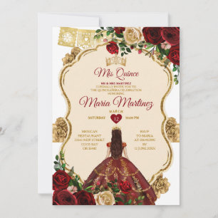 Invitación Elegantes Rosas de Borgoña Princesa Gold Quinceañe