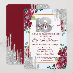 Invitación Elegantes Rosas de Borgoña Purpurinas gotean