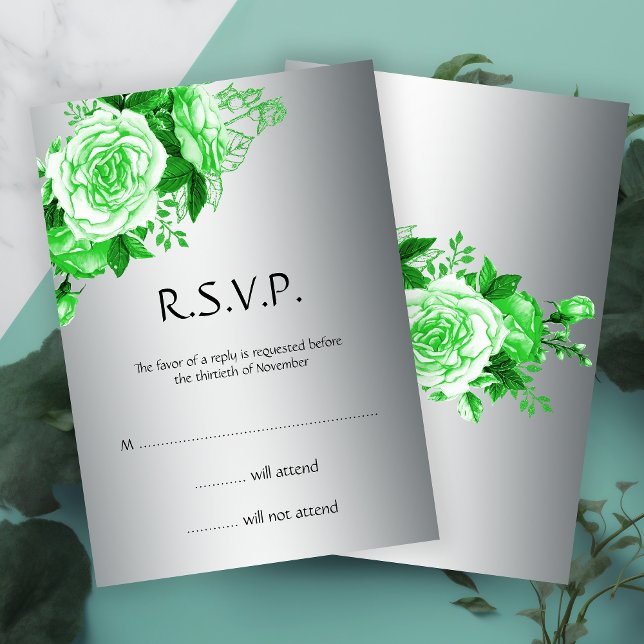 Invitación Elegantes Rosas de color esmeralda y RSVP plateado (Subido por el creador)