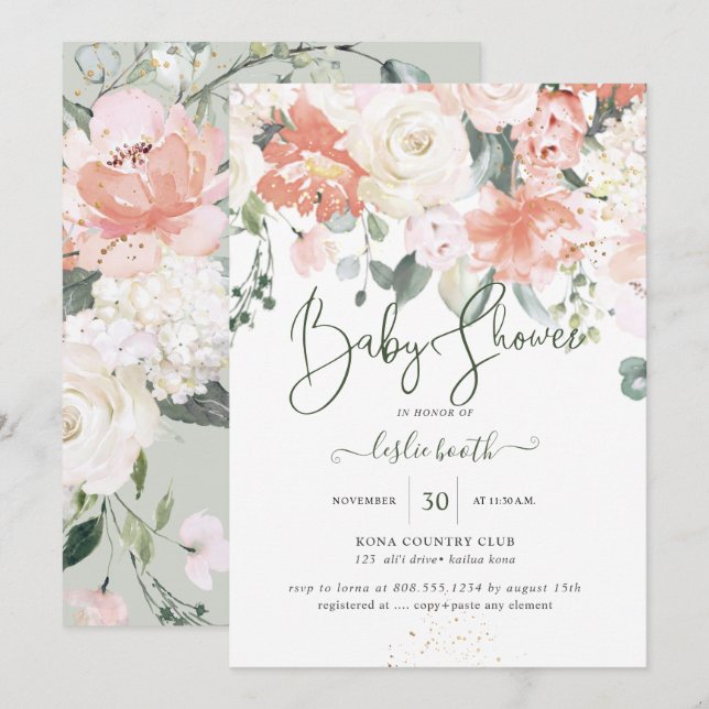 Invitación Elegantes Rosas de Cream Peonies Baby Shower (Anverso / Reverso)