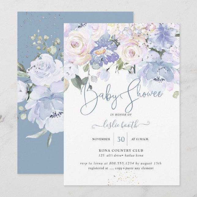 Invitación Elegantes Rosas de crema de melocotón azul turques (Anverso / Reverso)