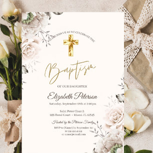 Invitación Elegantes rosas de cruz de oro crema Bautizo