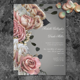 Invitación Elegantes Rosas de flores blancas rosadas Boda gri