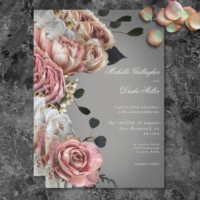 Invitación Elegantes Rosas de flores blancas rosadas Boda gri (Elegant Pink White Floral Roses Gray Wedding Invitation)