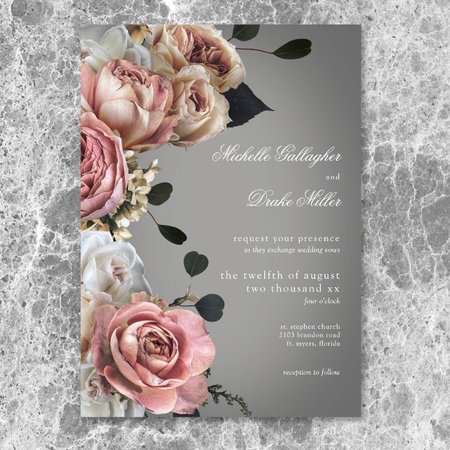 Invitación Elegantes Rosas de flores blancas rosadas Boda gri (Elegant Pink White Floral Roses Gray Wedding Invitation)