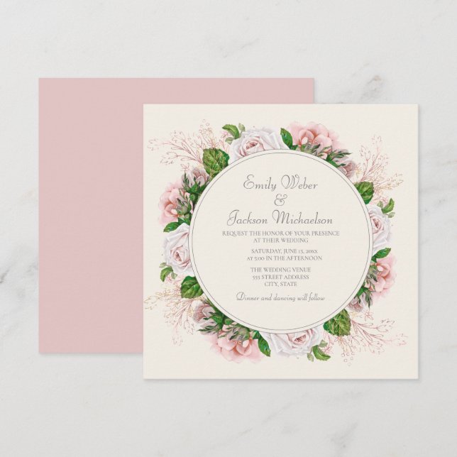 Invitación Elegantes Rosas de flores rosadas botánicas Crema  (Anverso / Reverso)