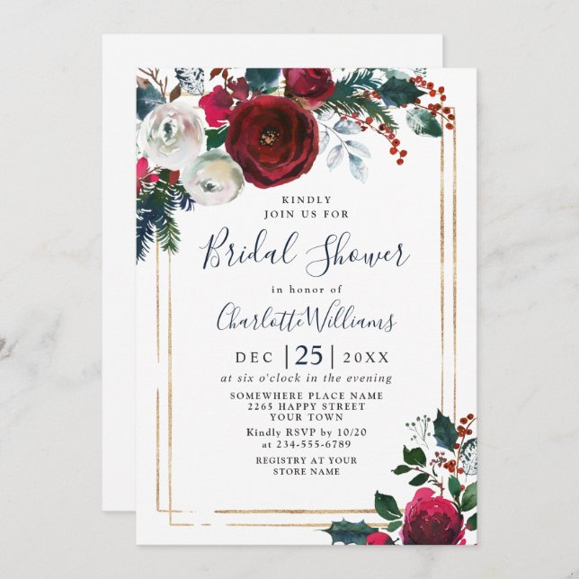 Invitación Elegantes Rosas de invierno de Borgoña ducha con f (Anverso / Reverso)