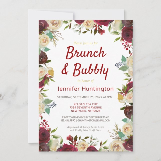 Invitación Elegantes Rosas de invierno Ducha Brunch & Bubbly  (Anverso)