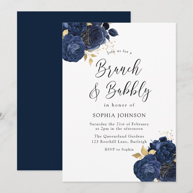 Invitación Elegantes Rosas de la marina Brunch Bubbly Bridal  (Anverso / Reverso)