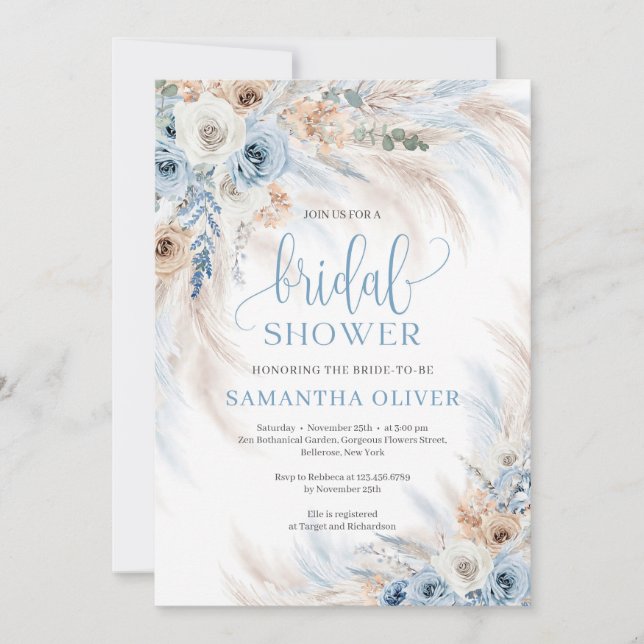 Invitación Elegantes rosas de marfil azul boho floral pampas  (Anverso)