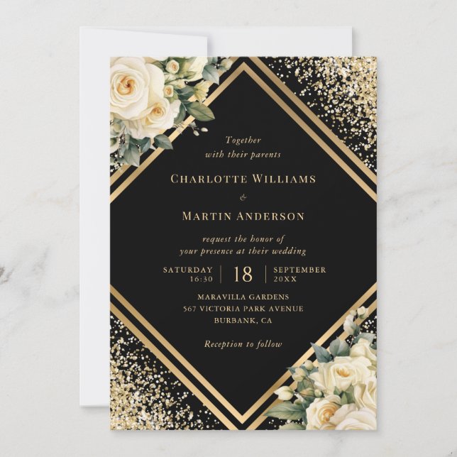 Invitación Elegantes Rosas de marfil Boda floral de oro negro (Anverso)