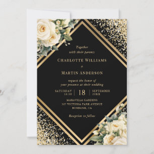 Invitación Elegantes Rosas de marfil Boda floral de oro negro