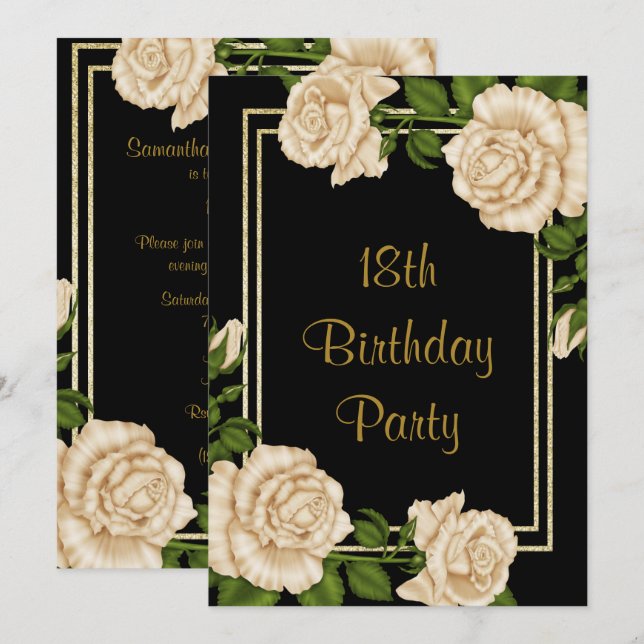 Invitación Elegantes Rosas de marfil y Purpurina de oro cumpl (Anverso / Reverso)