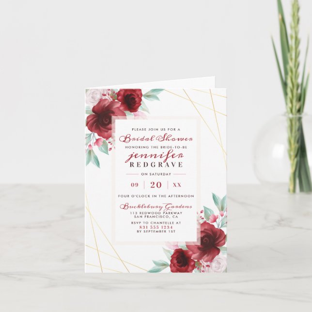 Invitación Elegantes Rosas de Merlot Glam Floral Bridal Showe (Anverso)