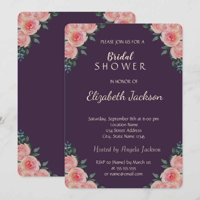 Invitación Elegantes Rosas de Moda Ducha Purple Bridal (Anverso / Reverso)
