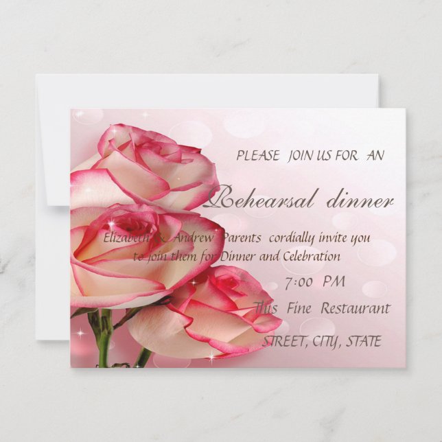 Invitación Elegantes Rosas de Moda ensayan cena (Anverso)