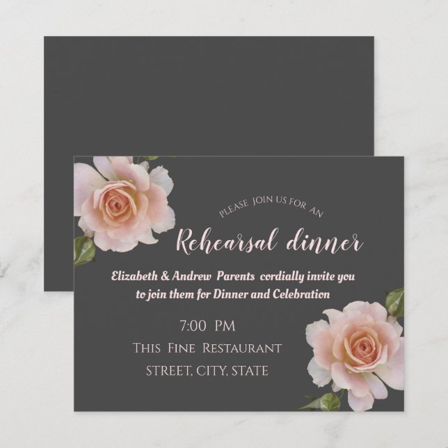 Invitación Elegantes Rosas de Moda Ensayo Floral Cena (Anverso / Reverso)