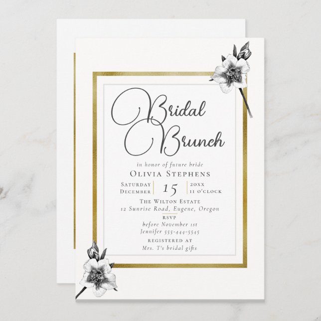 Invitación Elegantes Rosas de Navidad Navidades de oro Brunch (Anverso / Reverso)