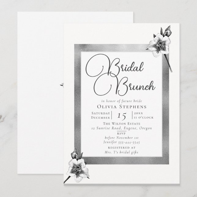 Invitación Elegantes Rosas de Navidad Navidades de plata brun (Anverso / Reverso)
