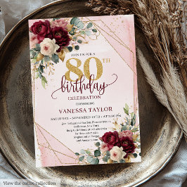 Invitación Elegantes Rosas de Oro Blanco Borgoña Cumpleaños 8