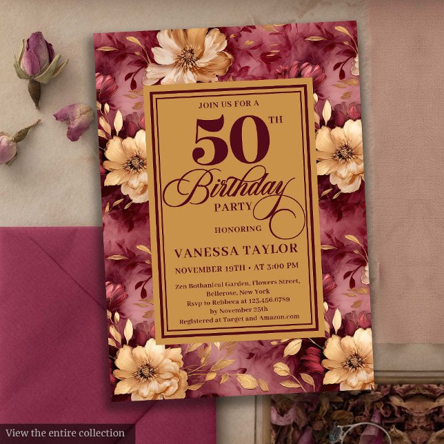 Invitación Elegantes rosas de oro burdeos ruidosos 50 años (Elegant burgundy blush gold roses 50th birthday invite

)