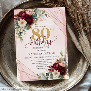 Invitación Elegantes rosas de oro de boho maroon de 80 años