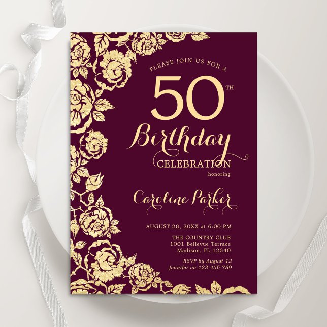 Invitación Elegantes Rosas de oro de Borgoña 50 cumpleaños (Subido por el creador)
