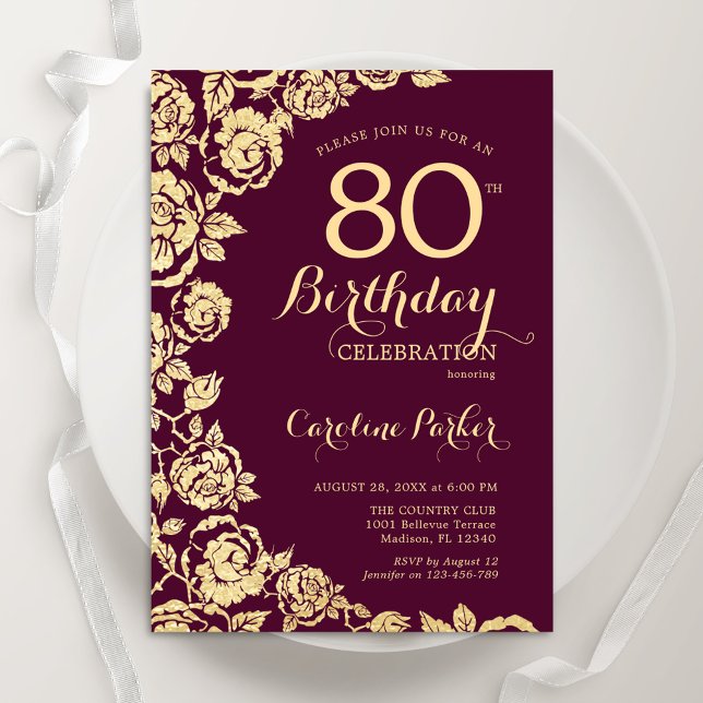 Invitación Elegantes Rosas de oro de Borgoña Cumpleaños 80 (Subido por el creador)