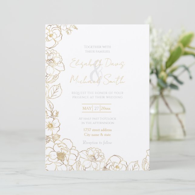 Invitación Elegantes Rosas de oro Floral Line Art (Anverso de pie)