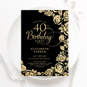 Invitación Elegantes Rosas de oro negro en 40 años