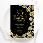 Invitación Elegantes Rosas de Oro Negro en su 50 aniversario<br><div class="desc">Invitación a la fiesta de cumpleaños número 50 de la floral de oro negro. Diseño elegante con rosas, Relieve metalizado de oro falso y tipografía tipo guión. La carta de invitación a la moda es perfecta para una elegante celebración de cumpleaños femenina. Se puede personalizar a cualquier edad. Personaliza con...</div>