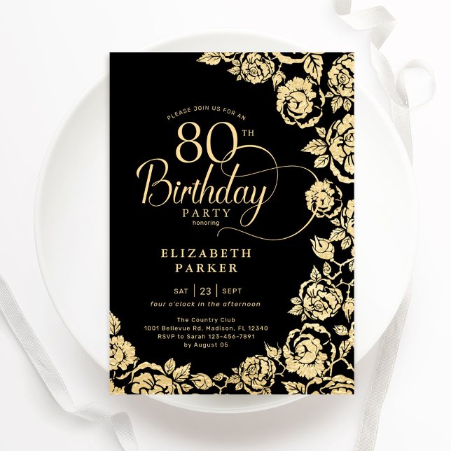 Invitación Elegantes Rosas de oro negro en su 80 aniversario (Subido por el creador)