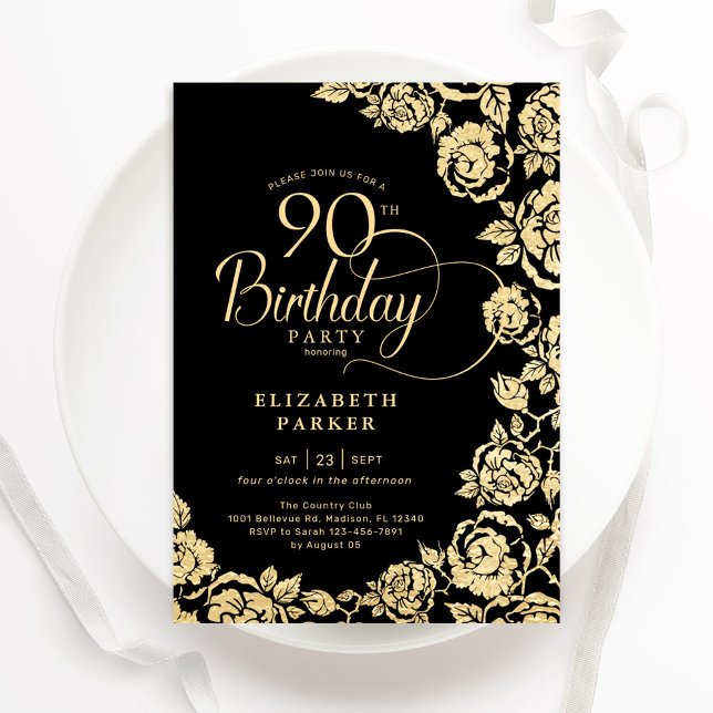 Invitación Elegantes Rosas de Oro Negro en su 90 aniversario (Subido por el creador)