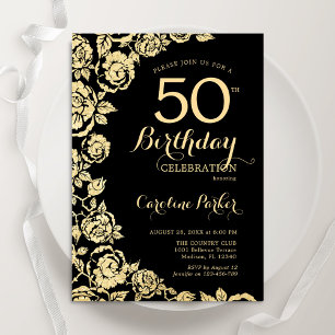 Invitación Elegantes Rosas de Oro Negro Fiesta de cumpleaños