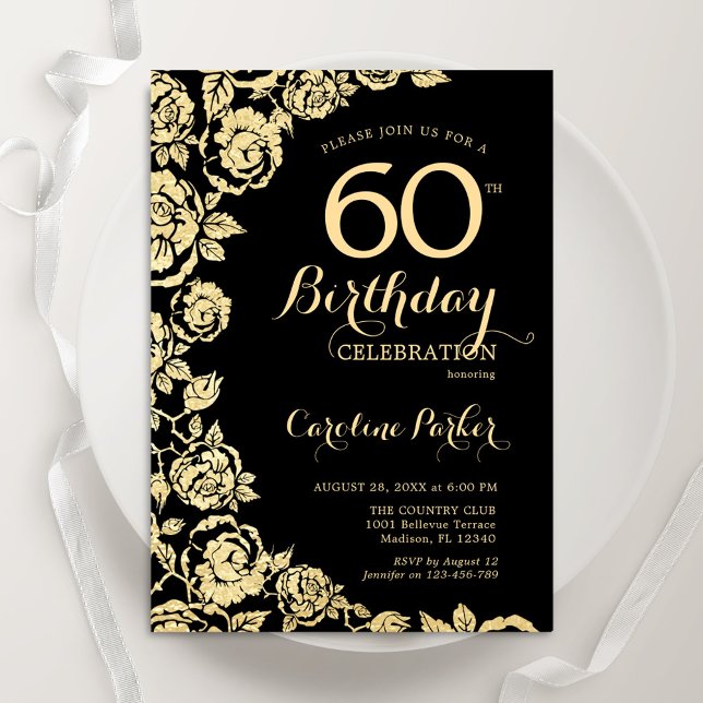 Invitación Elegantes Rosas de Oro Negro Fiesta de cumpleaños  (Subido por el creador)