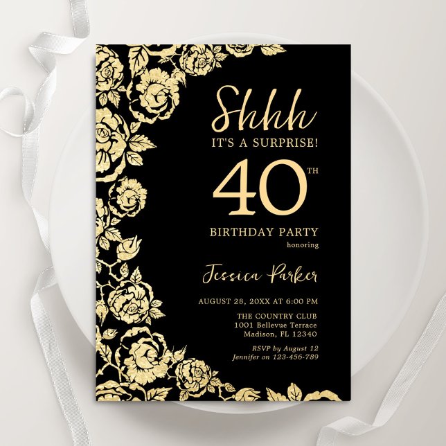 Invitación Elegantes Rosas de Oro Negro Sorprenden 40 años (Subido por el creador)