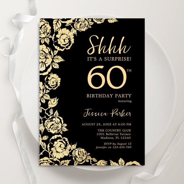 Invitación Elegantes Rosas de Oro Negro Sorprenden 60 años (Subido por el creador)
